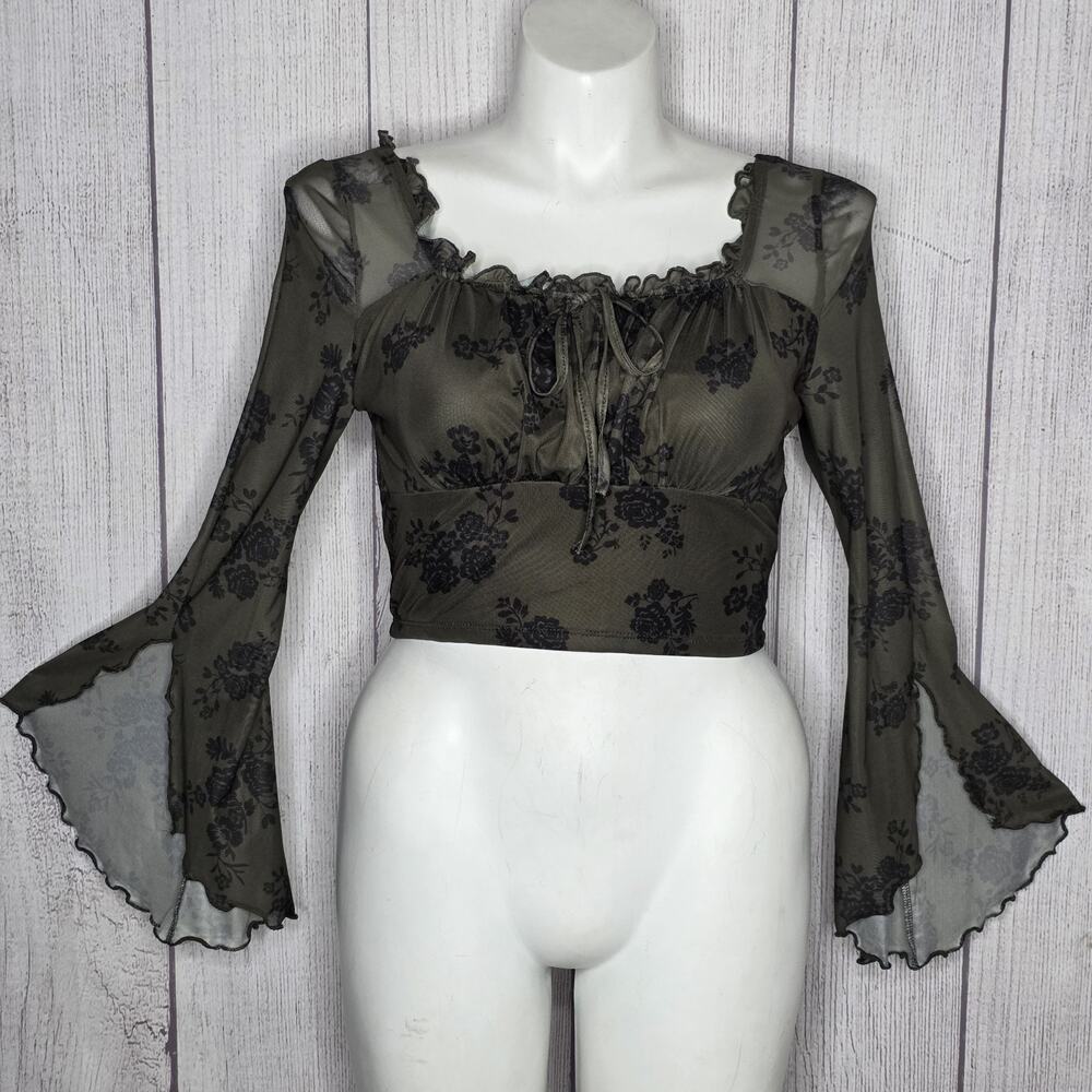 Shein Curve Mesh Bell Sleeve Crop Top Floral Fairy Grunge Goth, sz 0X